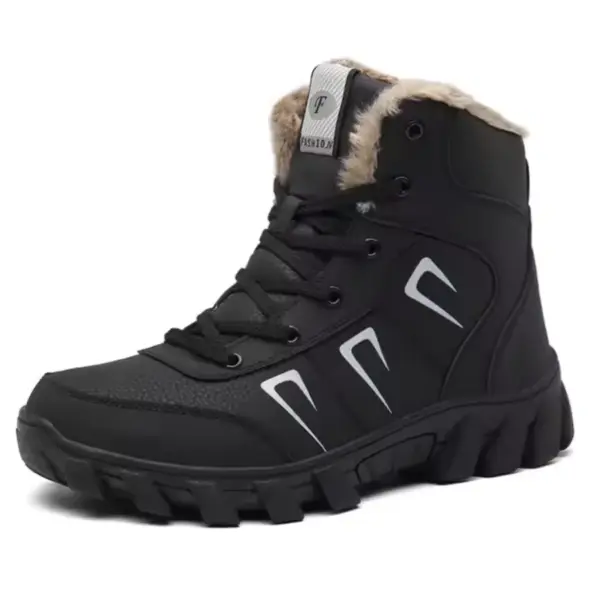 Customized plush laced winter snow boots with faux fur lining, anti-slippery heavy tread sole, waterproof Rubber PU exterior, and white side accents. OEM and ODM available. Photographed on white background.