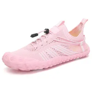 A pink mesh upper athletic shoe with white accents, pull tab, and toggle laces—Customized Anti-slip Quick Drying Outdoor Shoes Flats—perfect for OEM/ODM needs.