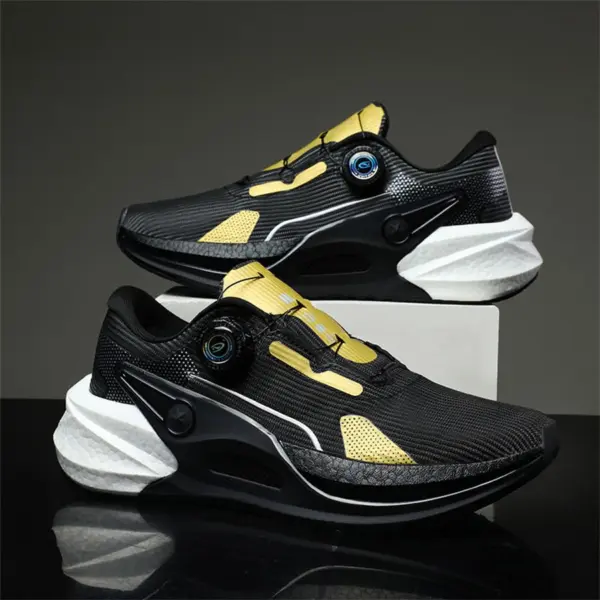 A pair of High Quality Rotating Button Casual Running Fitness Walking Style Pink Sport Sneakers for men, one elevated on a white box against a dark background—ideal for OEM ODM customization.