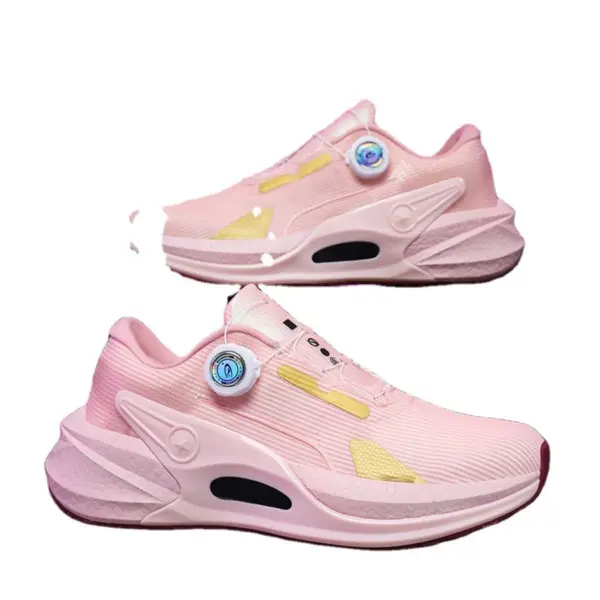 Two pink casual running fitness sneakers with a unique rotating button, showcased side by side on a white background—ideal for OEM ODM customization. High quality, lightweight men's sport shoes.