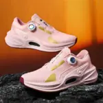 High Quality Rotating Button Casual Running Fitness Walking Shoes in pink with yellow accents and thick soles, shown on an orange background—ideal for OEM/ODM customization.