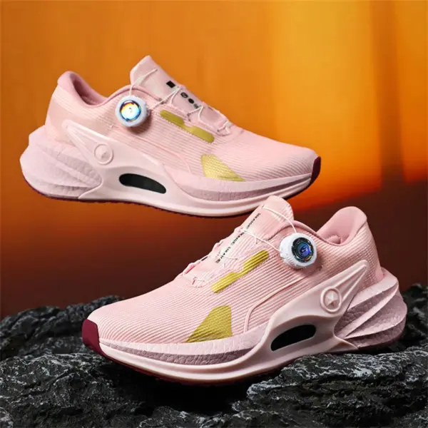 High Quality Rotating Button Casual Running Fitness Walking Shoes in pink with yellow accents and thick soles, shown on an orange background—ideal for OEM/ODM customization.
