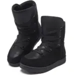 A pair of 2025 New Winter Round Toe Chunky Heel Leather Boots for Women with thick soles and crisscross laces, side by side on a white background—waterproof, warm, and ideal for OEM ODM customization.