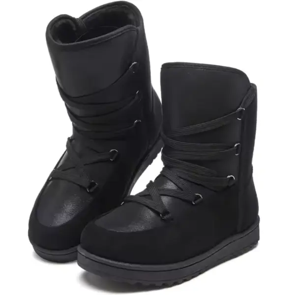 A pair of 2025 New Winter Round Toe Chunky Heel Leather Boots for Women with thick soles and crisscross laces, side by side on a white background—waterproof, warm, and ideal for OEM ODM customization.
