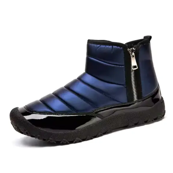 A Wholesale New Fashion Outdoor Shiny Cotton TPR Snow Boot with a quilted upper, glossy round toe, black sole, and side zipper is shown against a white background, highlighting OEM and ODM capabilities.