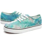 Wholesale China Factory Round Toe Unisex Tie Dye Canvas Shoes for Women—low-top sneakers with white soles and laces, featuring a blue-green marbled pattern accented by pink and purple, perfect for OEM or ODM customization.
