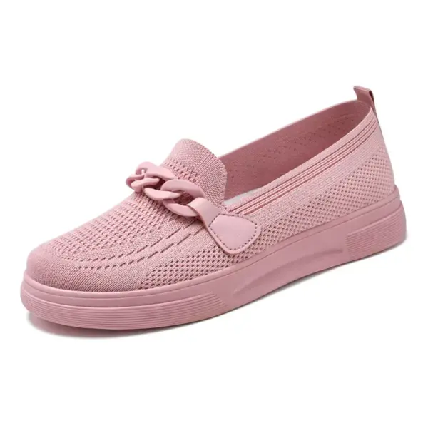 Spring Shoes for Women: Light pink slip-on loafers featuring a knit texture, chain detail on the upper, and a rubber sole—offered with OEM/ODM customization options.