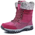 Wholesale customizable leather warm women’s snow boots with breathable rubber sole, cotton lining, lace-up front, and “FASHION” print; OEM/ODM supported.