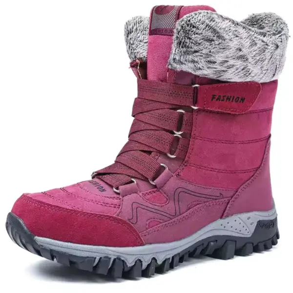 Wholesale customizable leather warm women’s snow boots with breathable rubber sole, cotton lining, lace-up front, and “FASHION” print; OEM/ODM supported.