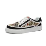 Wholesale Factory 2024 Rubber Embossing Canvas Shoes: Low-top men's sneakers with white laces, white sole, black trim, and a multicolored tapestry-style canvas upper. OEM/ODM custom design options available. Breathable and durable for sports wear.