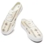 XRH Wholesale offers custom logo cream canvas sneakers for women, men, and kids with white soles, laces, and a black-red geometric print. OEM/ODM services available for personalized designs.