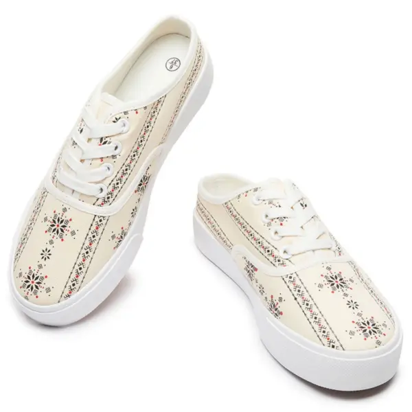 XRH Wholesale offers custom logo cream canvas sneakers for women, men, and kids with white soles, laces, and a black-red geometric print. OEM/ODM services available for personalized designs.