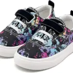 2025 New Solid Anti-slip Buckle Canvas Shoes—breathable children’s running sports flats with black base, colorful paint splatter, white soles/laces, Velcro straps; available for OEM/ODM brand customization.