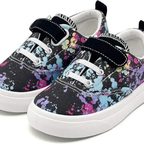 2025 New Solid Anti-slip Buckle Canvas Shoes—breathable children’s running sports flats with black base, colorful paint splatter, white soles/laces, Velcro straps; available for OEM/ODM brand customization.