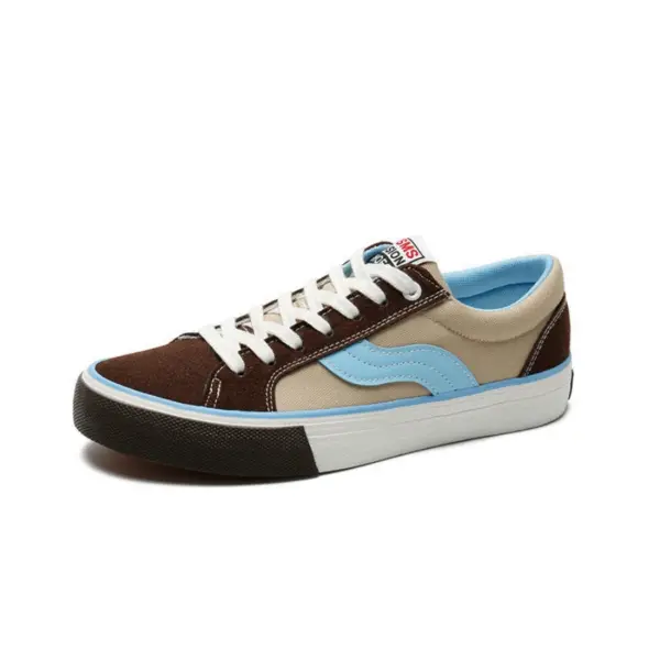 A brown, beige, and light blue low-top PU rubber canvas sneaker with white laces and sole, shown on a plain white background. OEM or ODM wholesale customization available for your brand’s unique style.