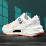 The High Quality Rotating Button Pink Sport Sneakers for men—featuring a circular adjustment dial—are shown against a teal wall, and can be customized for OEM or ODM orders.