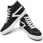 The 2024 Fashion Breathable Mesh Casual Sports Running Sneakers for men feature a black high-top design with white soles, laces, and side stripes, shown against a white background—ideal for OEM ODM customization.