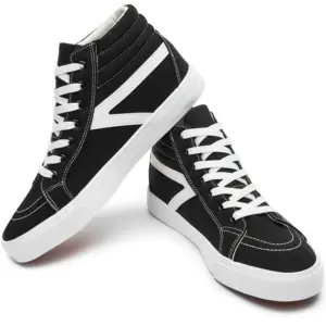 The 2024 Fashion Breathable Mesh Casual Sports Running Sneakers for men feature a black high-top design with white soles, laces, and side stripes, shown against a white background—ideal for OEM ODM customization.