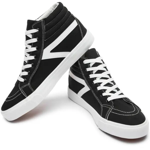 The 2024 Fashion Breathable Mesh Casual Sports Running Sneakers for men feature a black high-top design with white soles, laces, and side stripes, shown against a white background—ideal for OEM ODM customization.