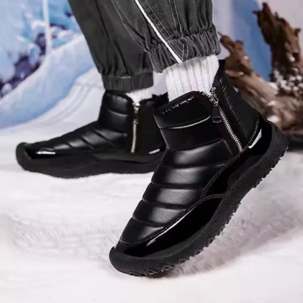 Person wears Wholesale New Fashion Outdoor Shiny Cotton TPR Snow Boots with side zippers, round toe, paired with white socks and dark pants, standing on snow.