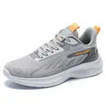 Gray outdoor running sneakers with a mesh upper, white laces and sole, plus orange pull tabs—Custom Wholesale Men Shoes Shock Rebound, light and breathable sport shoes available for OEM/ODM customization.