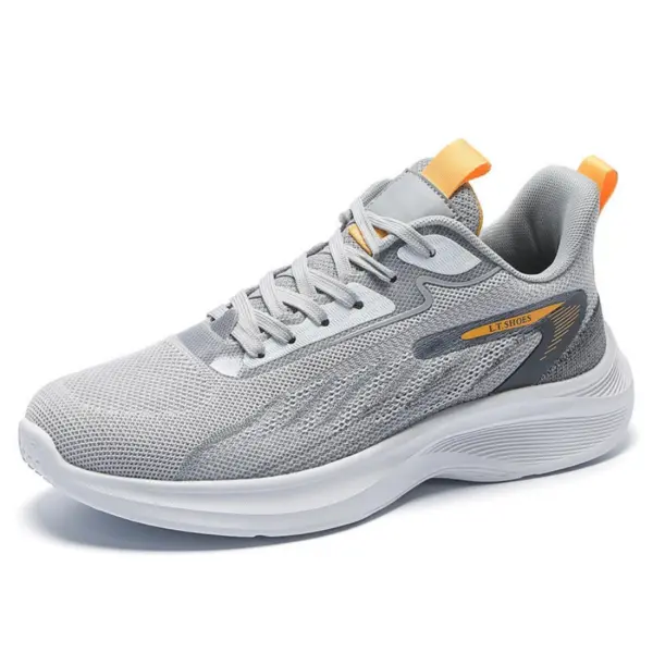 Gray outdoor running sneakers with a mesh upper, white laces and sole, plus orange pull tabs—Custom Wholesale Men Shoes Shock Rebound, light and breathable sport shoes available for OEM/ODM customization.