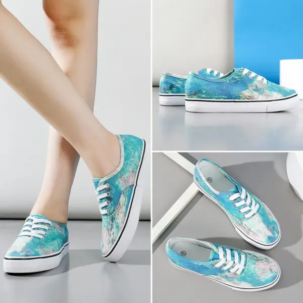 A collage features Lightweight Female Beautiful Paint Shoes for Women and Men—colorful, simple canvas sneakers—shown on feet and against a minimalist background.