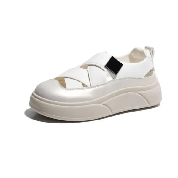 The 2024 OEM ODM PU hollow mesh women's sandal features a white closed-toe, cut-out design, thick beige sole, and black elastic side strap—perfect for summer walking or skateboarding. Customization available.