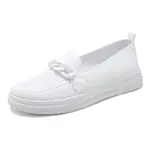 Spring Shoes for Women: A white slip-on sneaker with a textured knit upper, a decorative chain front detail, and a thick white sole—available for OEM and ODM customization to fit your brand.