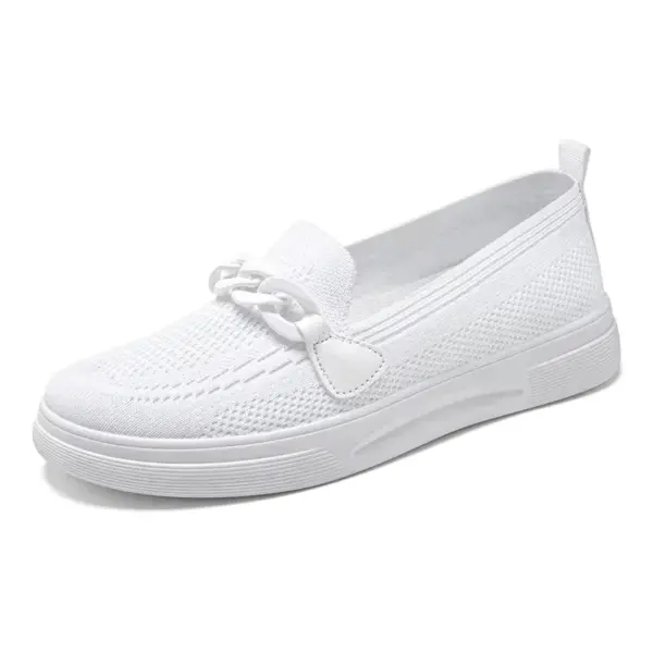 Spring Shoes for Women: A white slip-on sneaker with a textured knit upper, a decorative chain front detail, and a thick white sole—available for OEM and ODM customization to fit your brand.