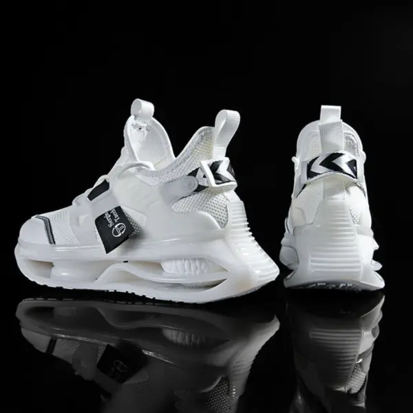 Two modern white wholesale breathable athletic fitness jogging tennis shoes with black accents are displayed front and back against a black background—perfect for showcasing men’s fashion casual walking sport sneakers.