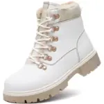A white leather ankle snow boot with light brown sole, metal eyelets, and faux fur lining—available for OEM/ODM customization. Wholesale waterproof winter plush boots for women and men with zipper closure.