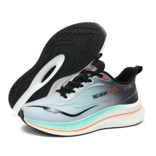 A pair of High Quality Men Sneakers Cushioning Mesh Thick Bottom Soft Sole Basketball Style Shoes for men 2024 in white, black, and teal with "168X 3.0 PRO" on the side, featuring thick cushioned soles and a gradient design.