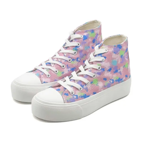 Custom Wholesale High Top rainbow lace-up canvas shoes with thick rubber soles and classic running style, available for OEM/ODM customization.