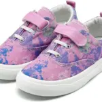 2025 New solid anti-slip buckle canvas sports flats for children in pink, featuring white soles, a purple and green splatter pattern, velcro strap over elastic laces—breathable and available for OEM/ODM orders.