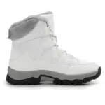 A white women's winter mid-top snow boot with plush lining, thick rugged sole, lace-up front, and faux fur trim—durable PU construction and available for OEM or ODM customization.