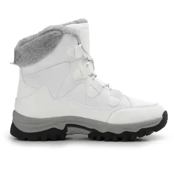 A white women's winter mid-top snow boot with plush lining, thick rugged sole, lace-up front, and faux fur trim—durable PU construction and available for OEM or ODM customization.