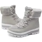 Pair of light gray women's snow waterproof leather ankle sneakers boots with faux fur cuffs, thick soles, and crisscross laces, available for OEM/ODM orders; displayed against a white background.