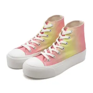 A pair of Custom Wholesale High Top rainbow lace-up thick-soled canvas shoes with a classic running design and rubber flats—ideal for OEM and ODM orders.
