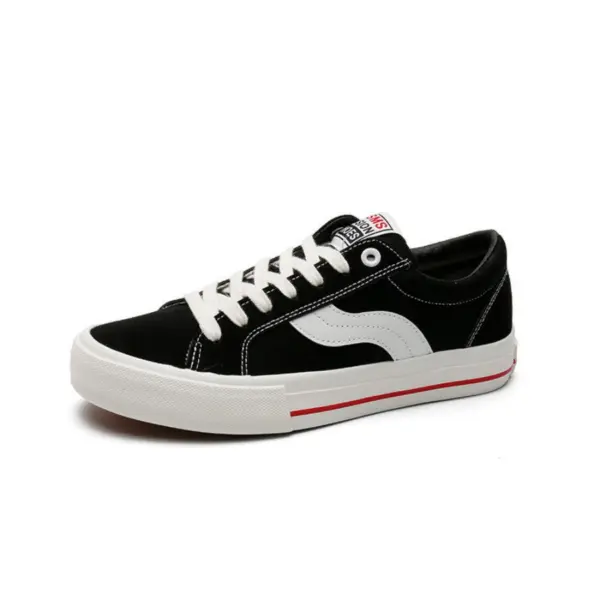 A customizable black low-top PU rubber canvas sneaker with white laces, wavy side stripe, and thick white sole with a red line—available for OEM ODM factory wholesale to suit your brand's unique style.