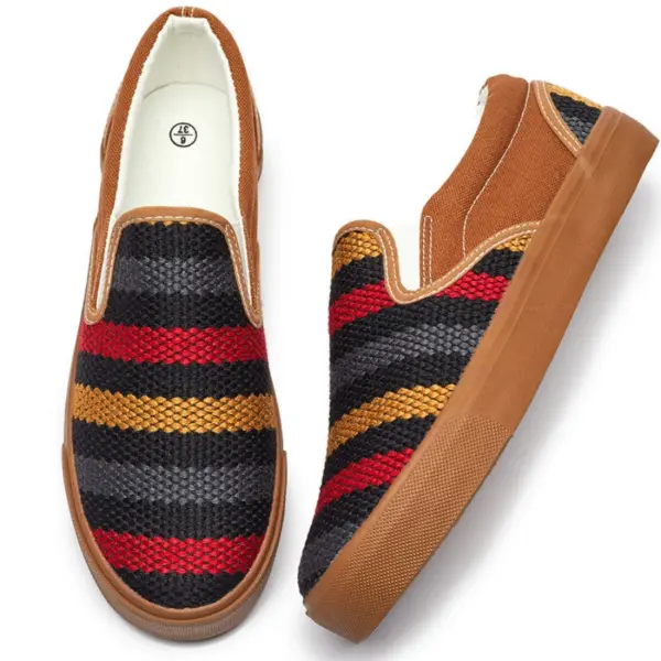 Fashion Ladies Comfortable Low Tops Stripe Printed Canvas Shoes: slip-on style with tan soles and heels, woven uppers featuring black, red, and yellow horizontal stripes—perfect trendy office or casual wear for women.