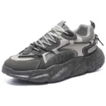 Factory Wholesale OEM ODM Summer Mesh Sneakers: men's outdoor gray and black sports shoes with mesh and synthetic panels, thick textured anti-slip PU rubber sole, lace-up closure, decorative stitching, customizable for OEM/ODM.