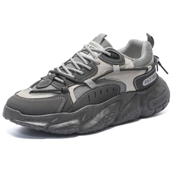 Factory Wholesale OEM ODM Summer Mesh Sneakers: men's outdoor gray and black sports shoes with mesh and synthetic panels, thick textured anti-slip PU rubber sole, lace-up closure, decorative stitching, customizable for OEM/ODM.