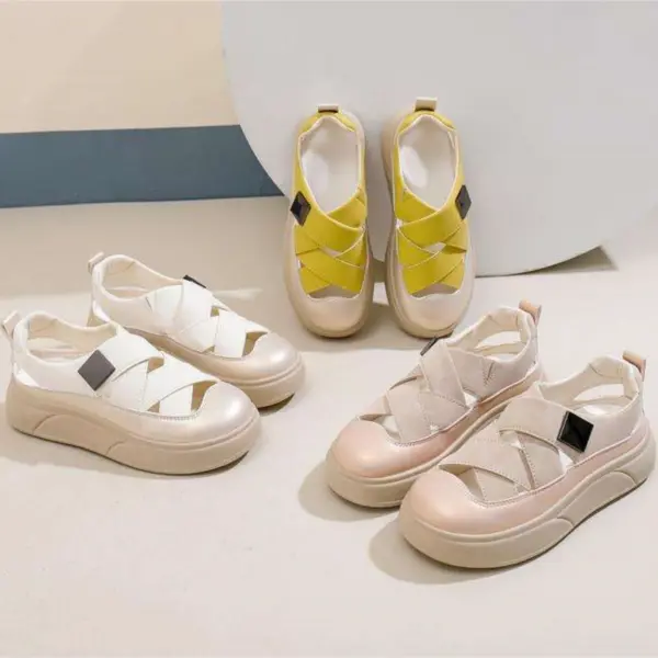 Three pairs of 2024 OEM ODM PU hollow skateboard outdoor walking shoes in yellow, white, and beige are displayed on a light surface, highlighting our custom footwear design and summer wear-resistant mesh women's sandals capabilities.