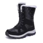 Wholesale women's snow boots feature a wear-resistant TPR/EVA thick sole, quilted upper, lace-up front, and white faux fur lining—ideal for outdoor hikes. OEM/ODM customization available.