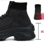 The XRH Wenzhou Factory Women's High Top Chunky Sneakers are shown from the side and rear, highlighting their black knit design, thick 5 cm sole, and modern OEM/ODM style for casual sport or walking.