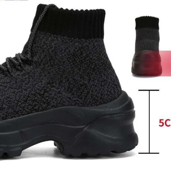 The XRH Wenzhou Factory Women's High Top Chunky Sneakers are shown from the side and rear, highlighting their black knit design, thick 5 cm sole, and modern OEM/ODM style for casual sport or walking.