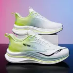 High Quality Men Sneakers Cushioning Mesh Thick Bottom Soft Sole Basketball Style Shoes for 2024 in white with green and blue gradient accents, displayed on a box against a pink-blue background. OEM/ODM customization available for your brand.