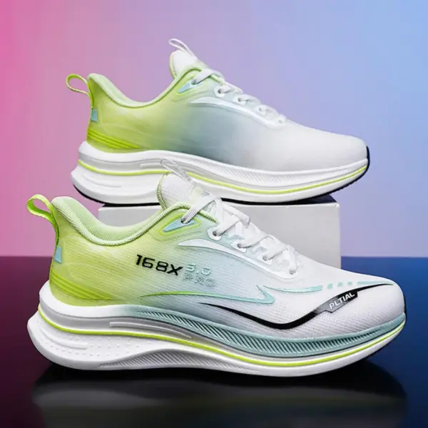 High Quality Men Sneakers Cushioning Mesh Thick Bottom Soft Sole Basketball Style Shoes for 2024 in white with green and blue gradient accents, displayed on a box against a pink-blue background. OEM/ODM customization available for your brand.