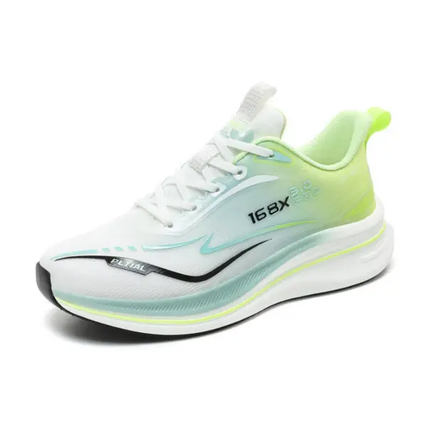 A white men's basketball sneaker with green and black accents, thick cushioned sole, model "16X3 Pro" on the side; available for OEM/ODM customization. High Quality Mesh Soft Sole Sneakers for 2024.
